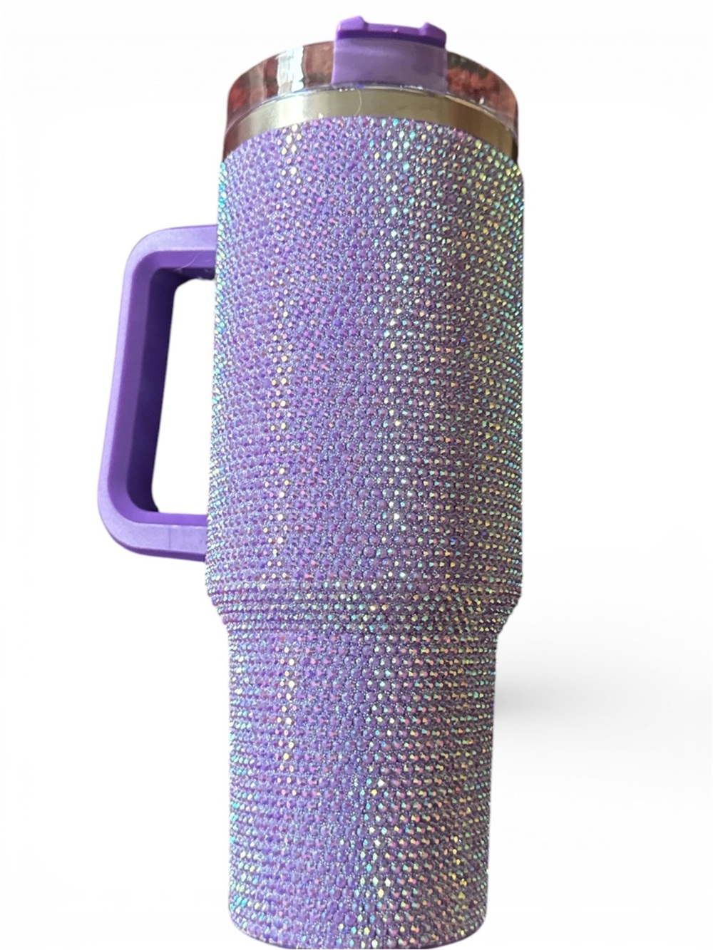 Sparkling Purple Rhinestone Travel Mug with Handle and Straw.